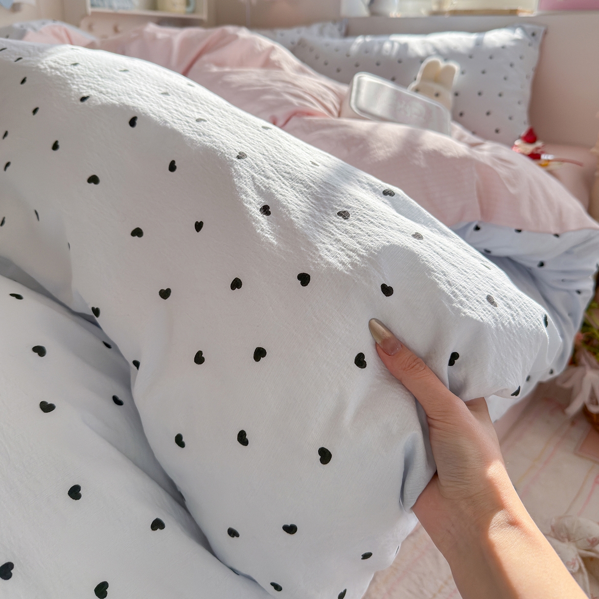 91家纺网 家纺一手货源 找家纺 罗亿家纺 2026新款小清新云感双层纱木棉四件套系列（小红书热款推荐） 海盐甜心