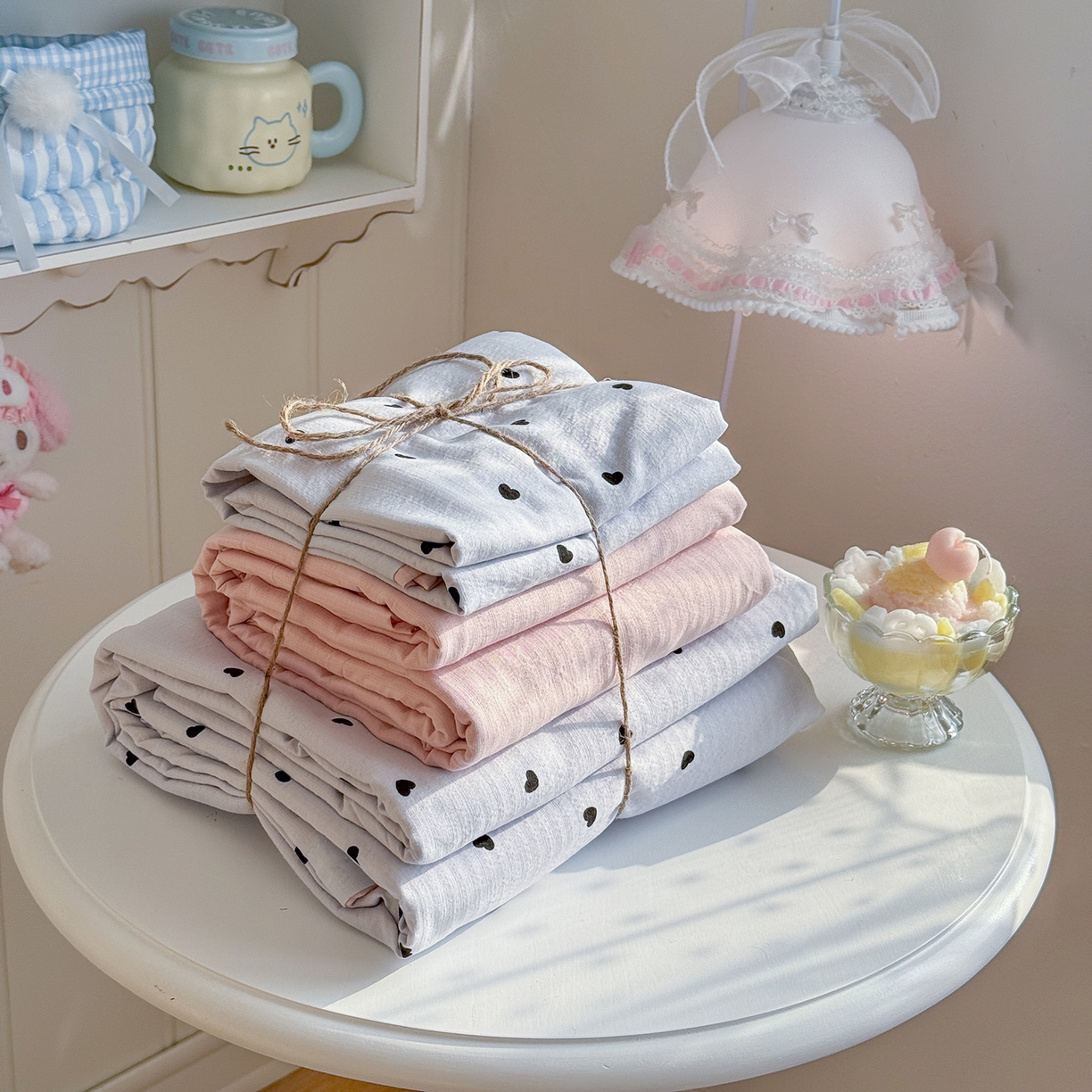 91家纺网 家纺一手货源 找家纺 罗亿家纺 2026新款小清新云感双层纱木棉四件套系列（小红书热款推荐） 海盐甜心