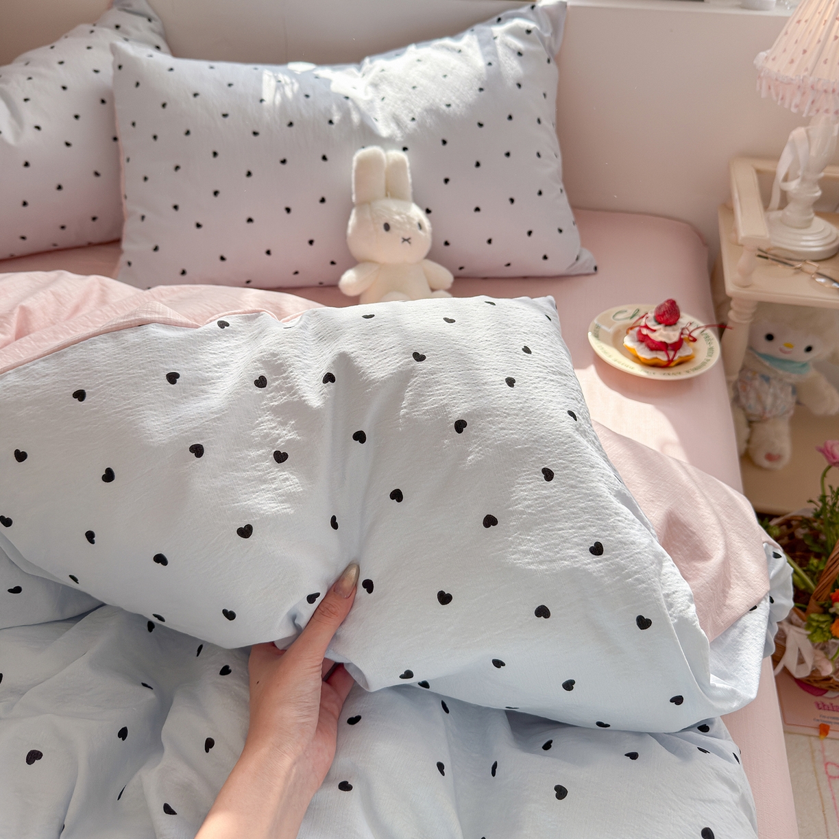 91家纺网 家纺一手货源 找家纺 罗亿家纺 2026新款小清新云感双层纱木棉四件套系列（小红书热款推荐） 海盐甜心