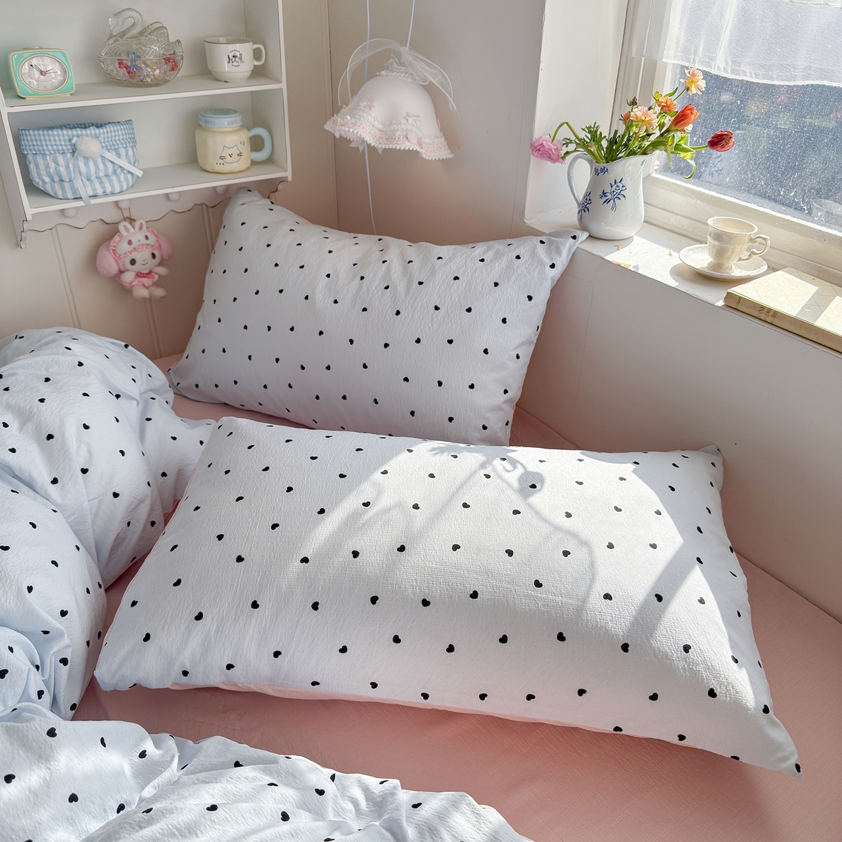 91家纺网 家纺一手货源 找家纺 罗亿家纺 2026新款小清新云感双层纱木棉四件套系列（小红书热款推荐） 海盐甜心