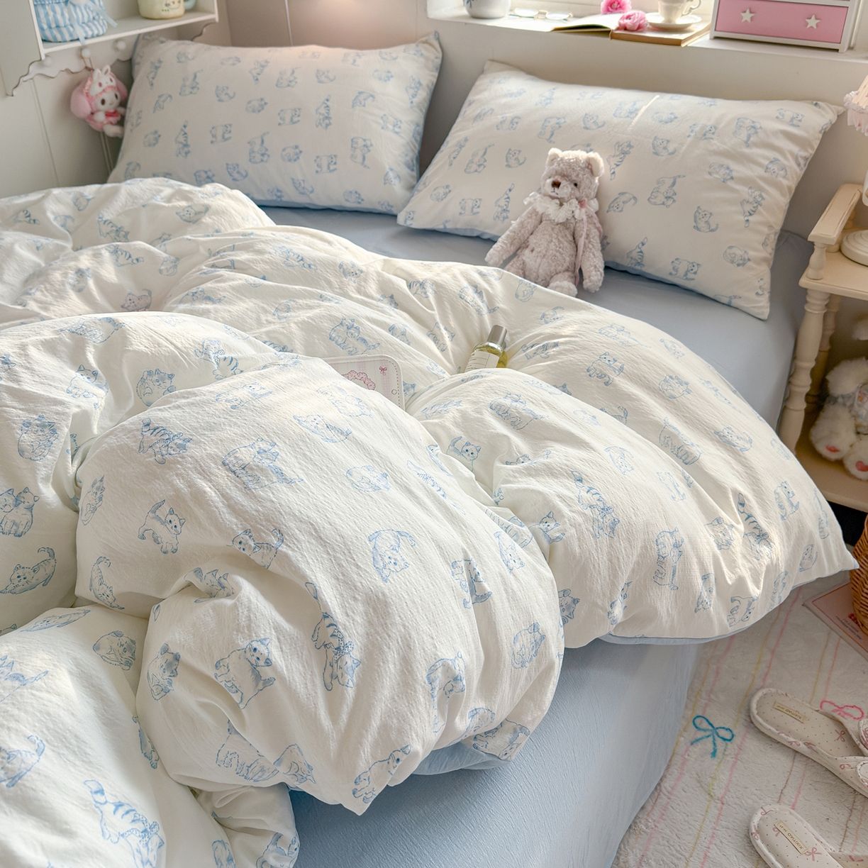 91家纺网 家纺一手货源 找家纺 罗亿家纺 2026新款小清新云感双层纱木棉四件套系列（小红书热款推荐） 韩范小猫