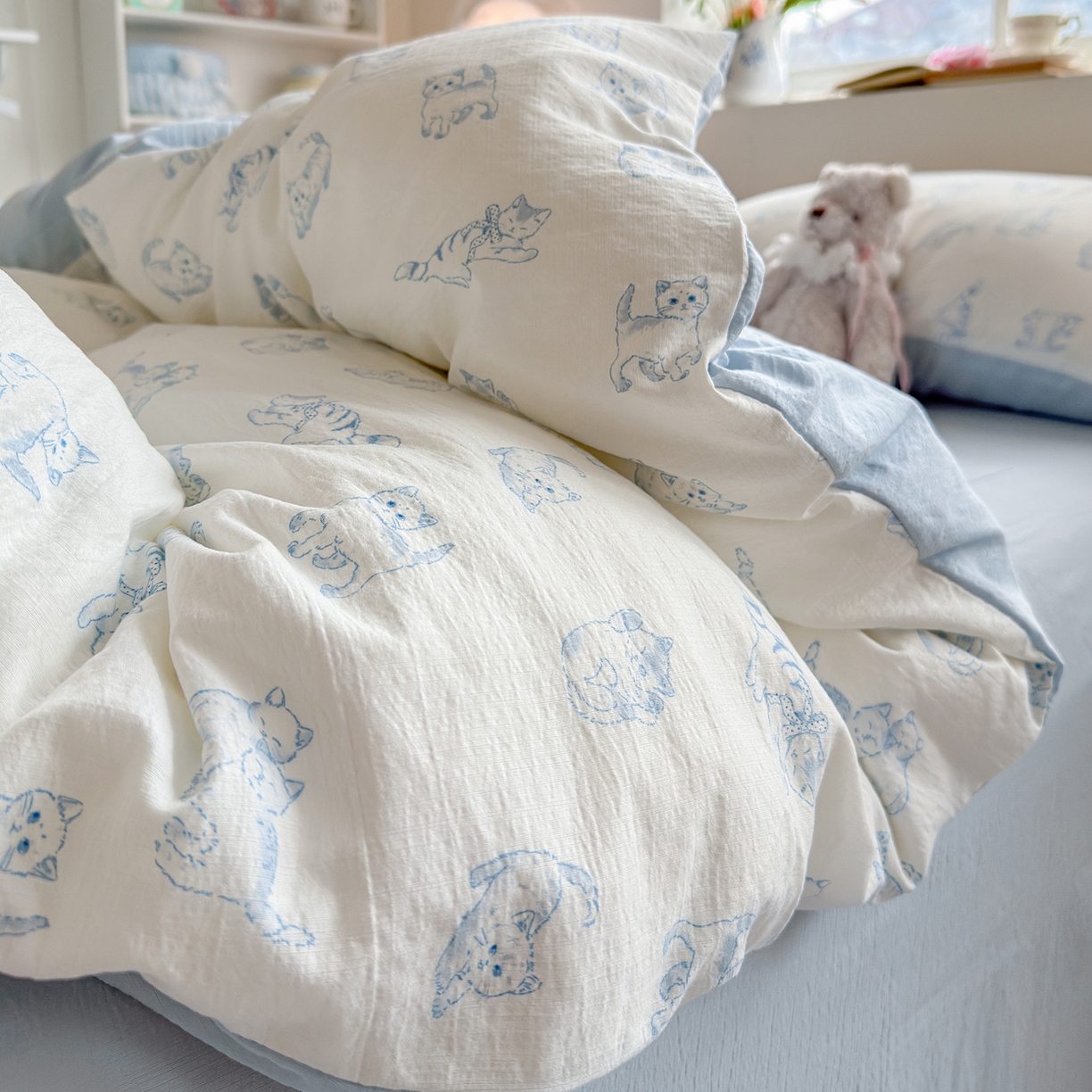 91家纺网 家纺一手货源 找家纺 罗亿家纺 2026新款小清新云感双层纱木棉四件套系列（小红书热款推荐） 韩范小猫