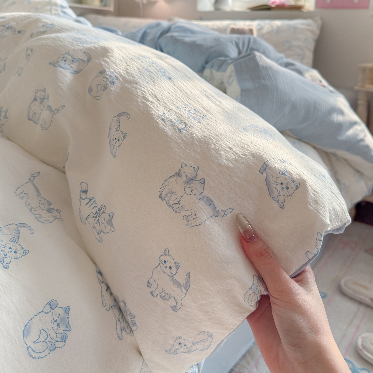 91家纺网 家纺一手货源 找家纺 罗亿家纺 2026新款小清新云感双层纱木棉四件套系列（小红书热款推荐） 韩范小猫