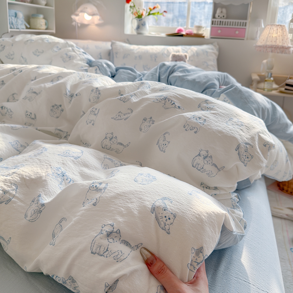 91家纺网 家纺一手货源 找家纺 罗亿家纺 2026新款小清新云感双层纱木棉四件套系列（小红书热款推荐） 韩范小猫