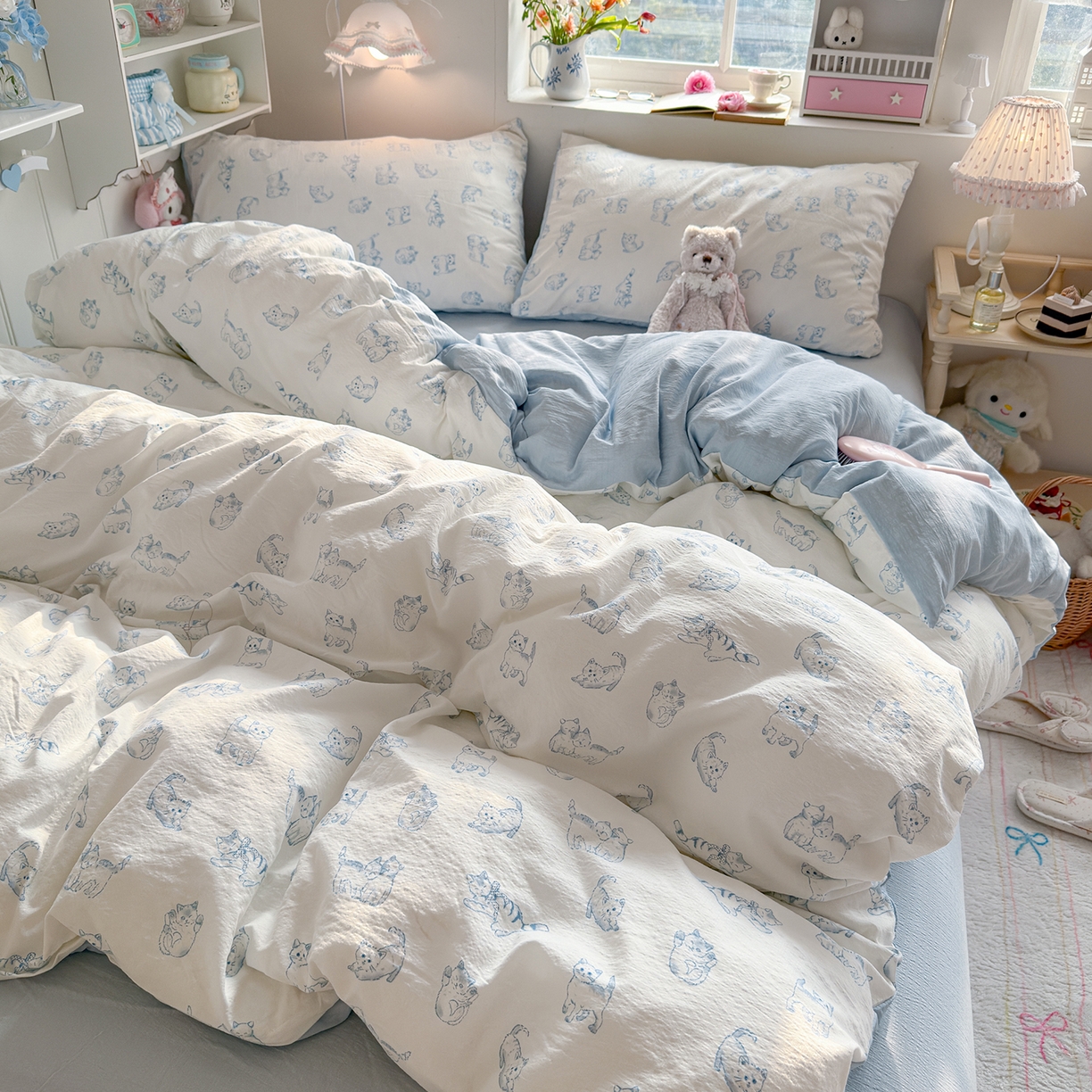 91家纺网 家纺一手货源 找家纺 罗亿家纺 2026新款小清新云感双层纱木棉四件套系列（小红书热款推荐） 韩范小猫