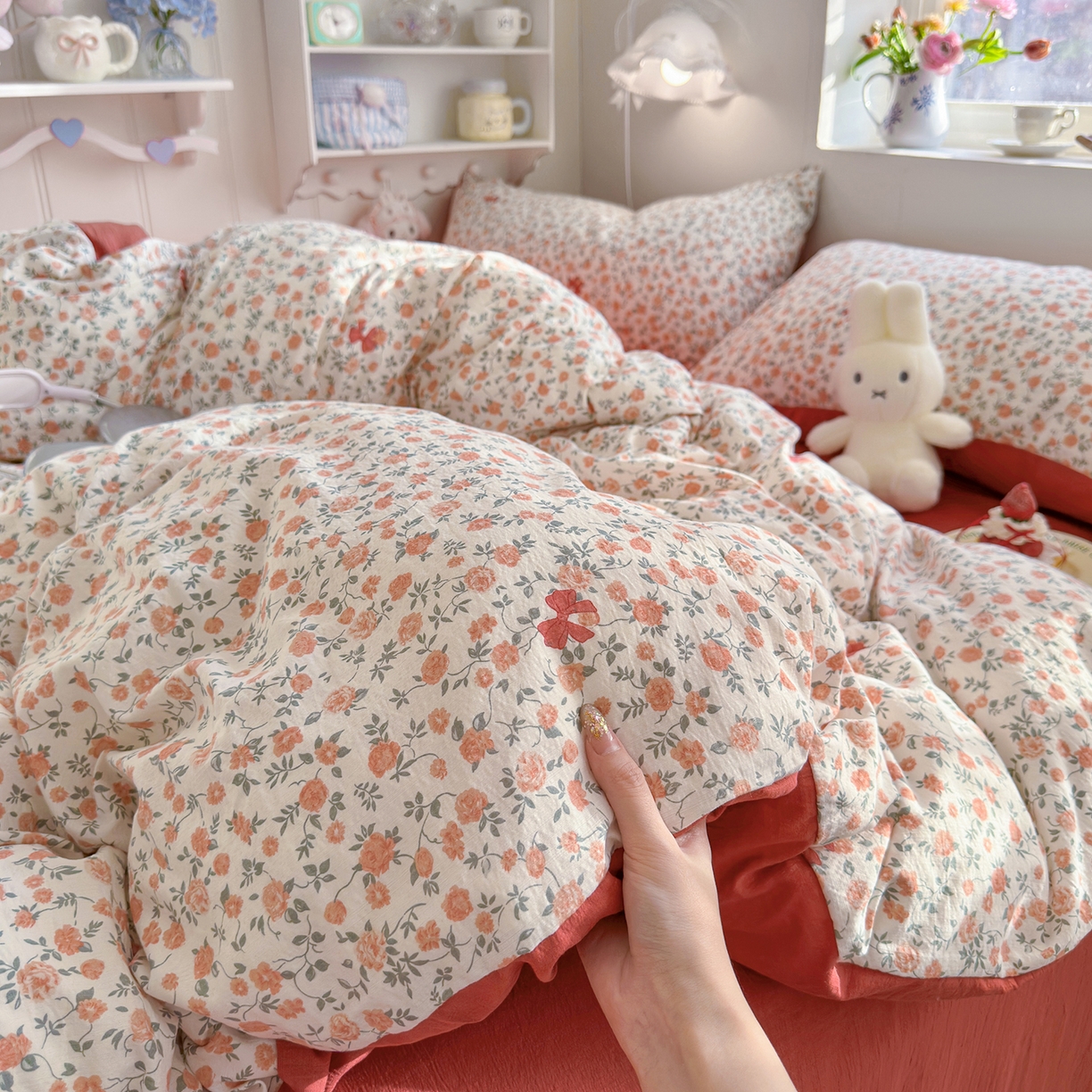 91家纺网 家纺一手货源 找家纺 罗亿家纺 2026新款小清新云感双层纱木棉四件套系列（小红书热款推荐） 赫本小姐