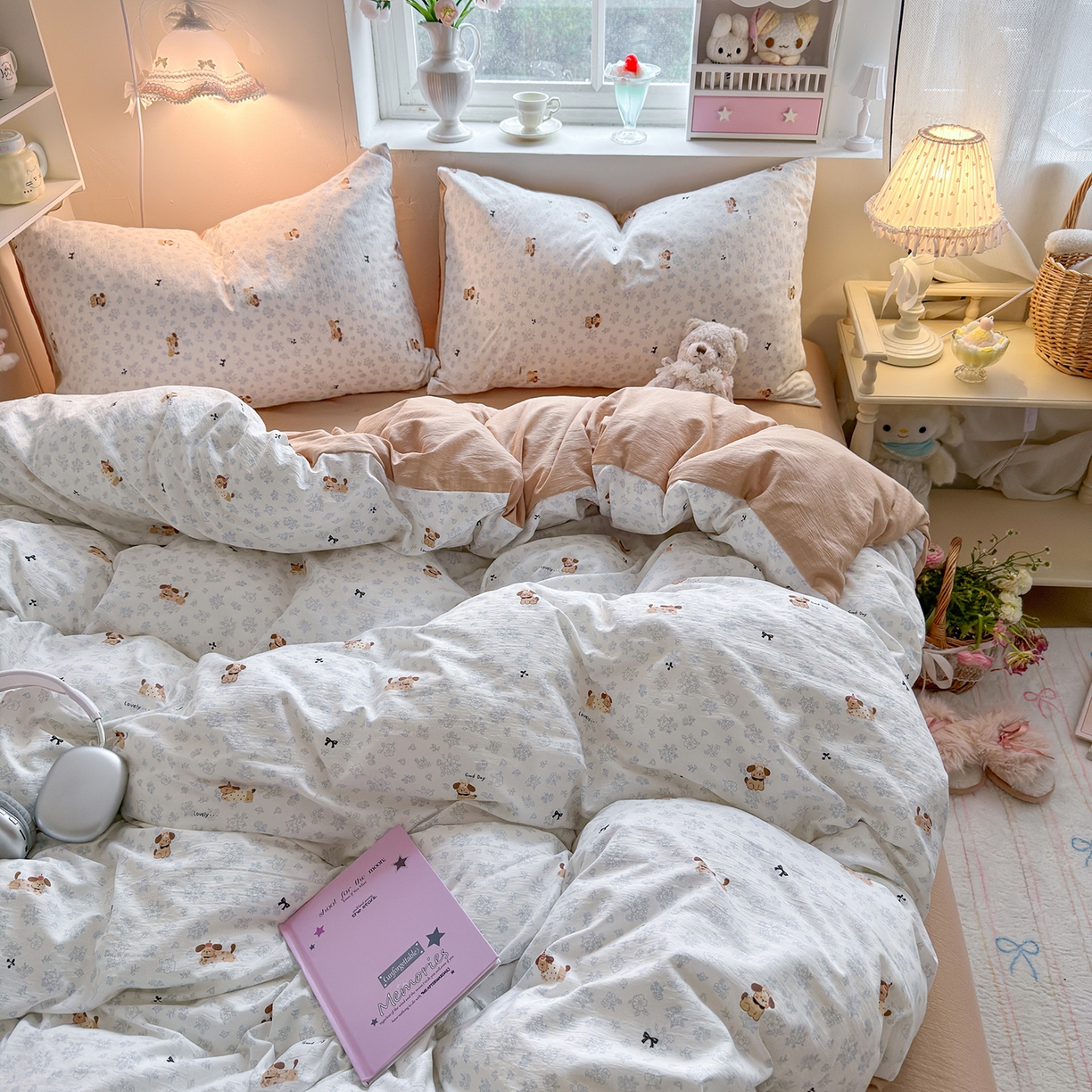 91家纺网 家纺一手货源 找家纺 罗亿家纺 2026新款小清新云感双层纱木棉四件套系列（小红书热款推荐） 花花腊肠狗