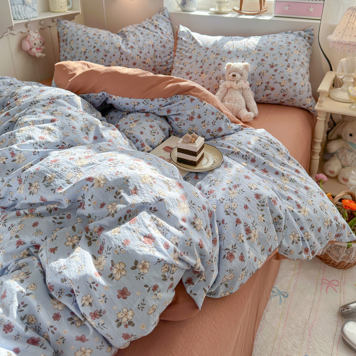 91家纺网 家纺一手货源 找家纺 罗亿家纺 2026新款小清新云感双层纱木棉四件套系列（小红书热款推荐） 花清梦