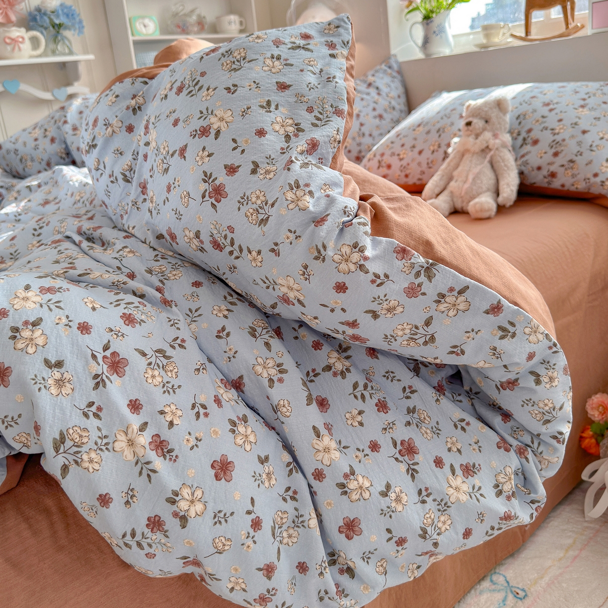 91家纺网 家纺一手货源 找家纺 罗亿家纺 2026新款小清新云感双层纱木棉四件套系列（小红书热款推荐） 花清梦