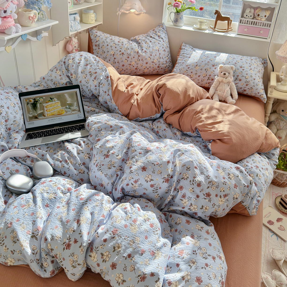 91家纺网 家纺一手货源 找家纺 罗亿家纺 2026新款小清新云感双层纱木棉四件套系列（小红书热款推荐） 花清梦