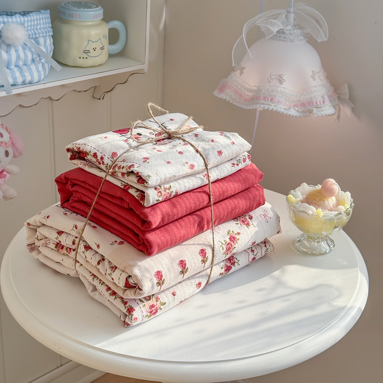 91家纺网 家纺一手货源 找家纺 罗亿家纺 2026新款小清新云感双层纱木棉四件套系列（小红书热款推荐） 花漾kitty