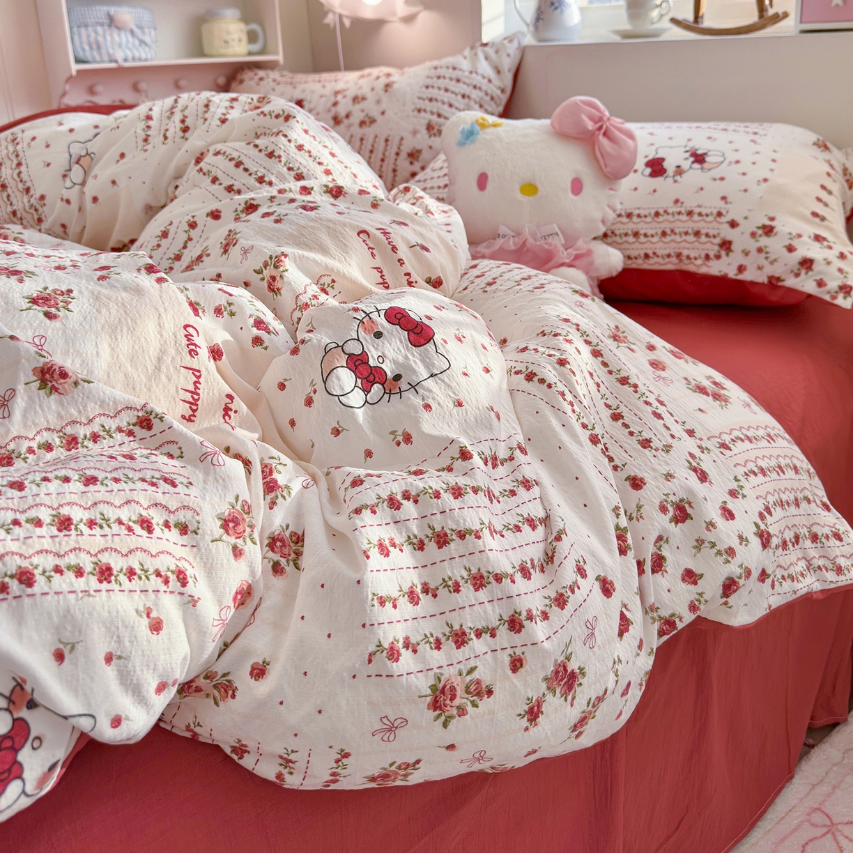 91家纺网 家纺一手货源 找家纺 罗亿家纺 2026新款小清新云感双层纱木棉四件套系列（小红书热款推荐） 花漾kitty