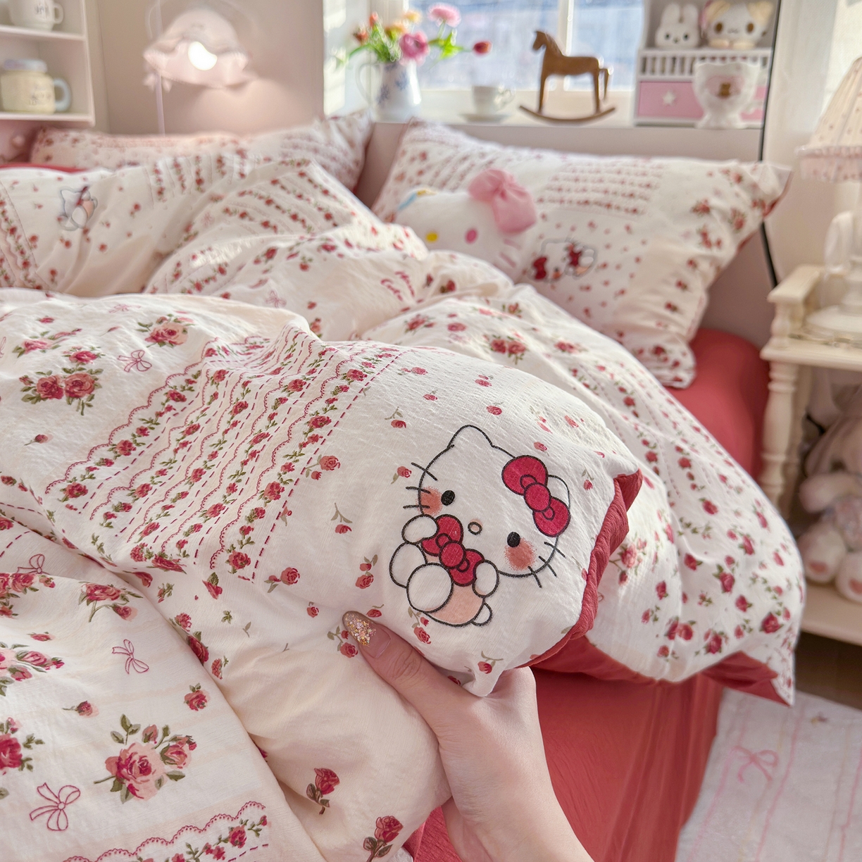 91家纺网 家纺一手货源 找家纺 罗亿家纺 2026新款小清新云感双层纱木棉四件套系列（小红书热款推荐） 花漾kitty