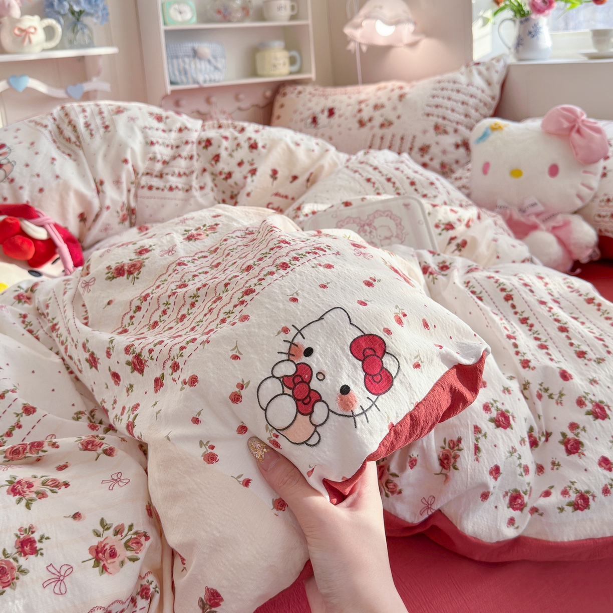 91家纺网 家纺一手货源 找家纺 罗亿家纺 2026新款小清新云感双层纱木棉四件套系列（小红书热款推荐） 花漾kitty