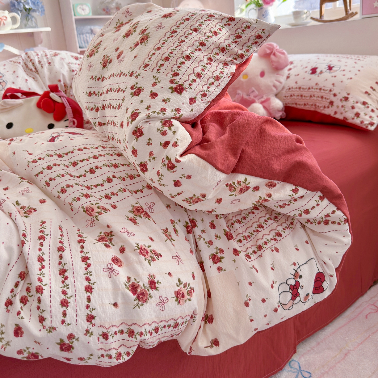 91家纺网 家纺一手货源 找家纺 罗亿家纺 2026新款小清新云感双层纱木棉四件套系列（小红书热款推荐） 花漾kitty