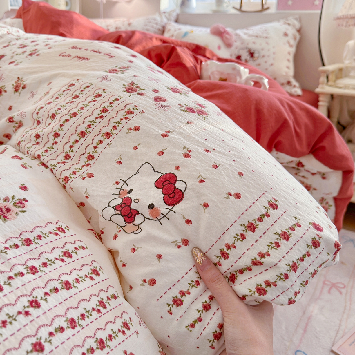 91家纺网 家纺一手货源 找家纺 罗亿家纺 2026新款小清新云感双层纱木棉四件套系列（小红书热款推荐） 花漾kitty