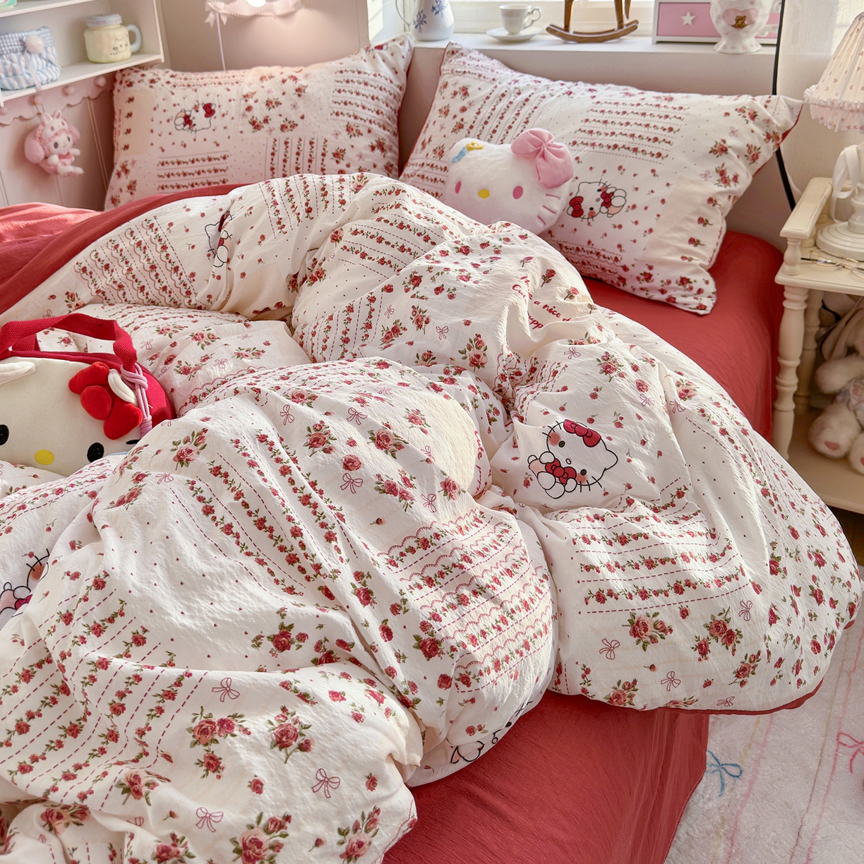 91家纺网 家纺一手货源 找家纺 罗亿家纺 2026新款小清新云感双层纱木棉四件套系列（小红书热款推荐） 花漾kitty