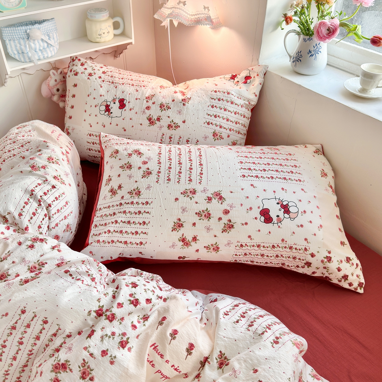 91家纺网 家纺一手货源 找家纺 罗亿家纺 2026新款小清新云感双层纱木棉四件套系列（小红书热款推荐） 花漾kitty