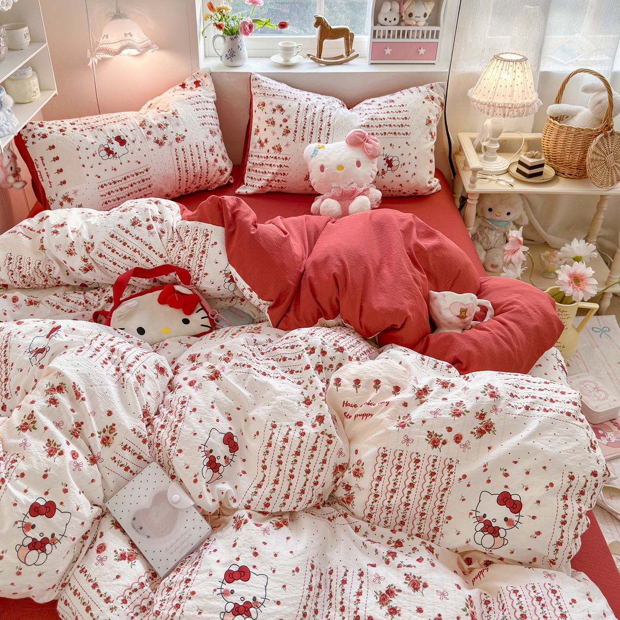 91家纺网 家纺一手货源 找家纺 罗亿家纺 2026新款小清新云感双层纱木棉四件套系列（小红书热款推荐） 花漾kitty