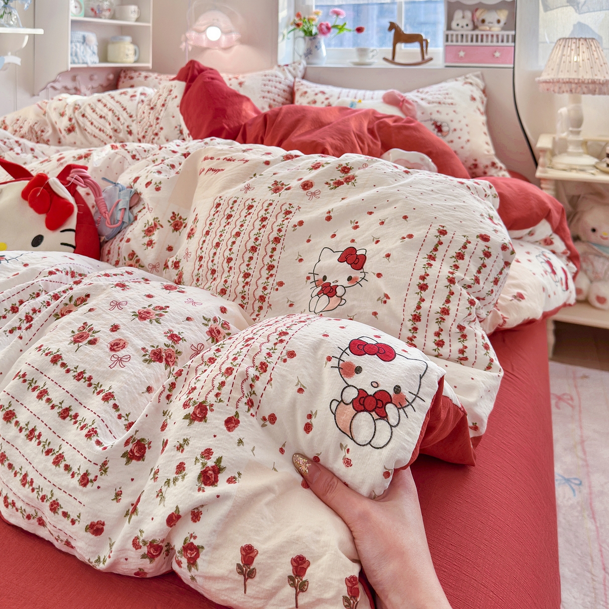 91家纺网 家纺一手货源 找家纺 罗亿家纺 2026新款小清新云感双层纱木棉四件套系列（小红书热款推荐） 花漾kitty