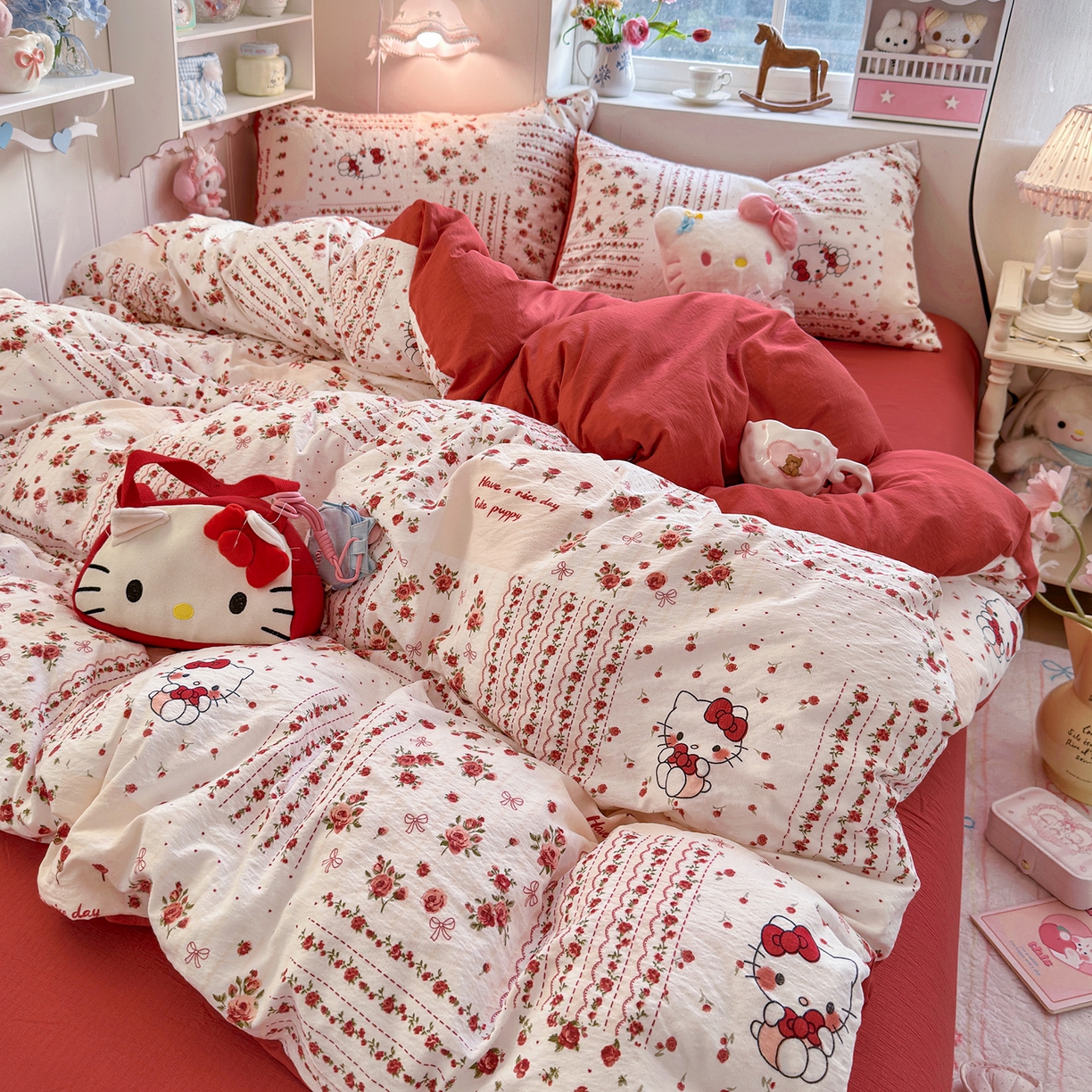 91家纺网 家纺一手货源 找家纺 罗亿家纺 2026新款小清新云感双层纱木棉四件套系列（小红书热款推荐） 花漾kitty