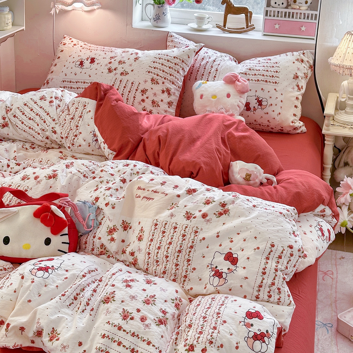 91家纺网 家纺一手货源 找家纺 罗亿家纺 2026新款小清新云感双层纱木棉四件套系列（小红书热款推荐） 花漾kitty