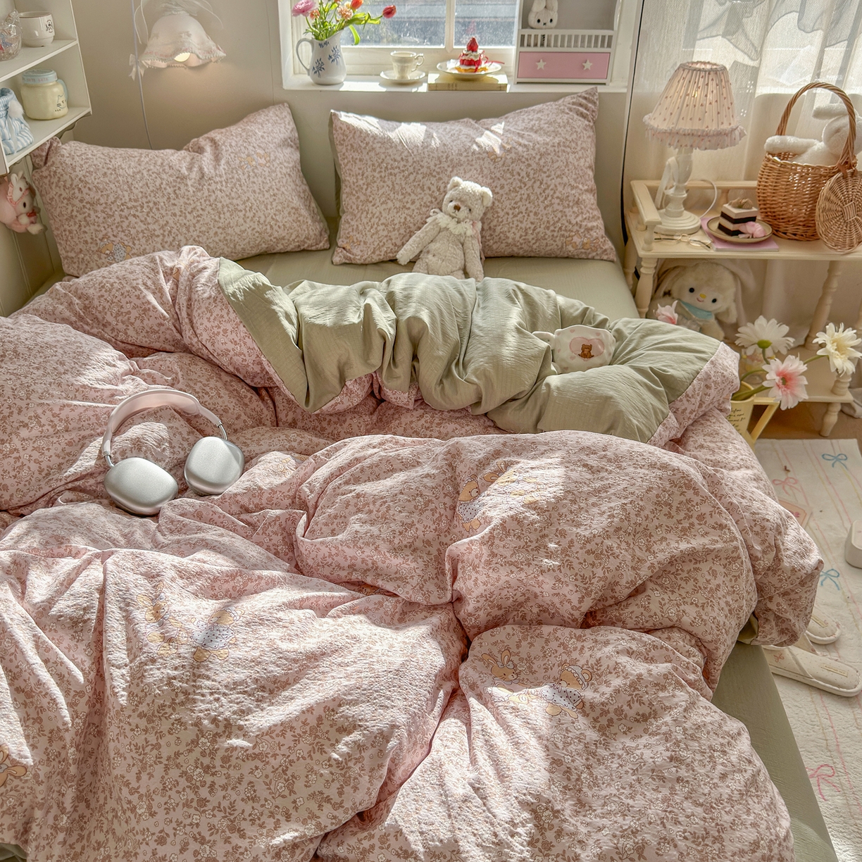 91家纺网 家纺一手货源 找家纺 罗亿家纺 2026新款小清新云感双层纱木棉四件套系列（小红书热款推荐） 花与兔