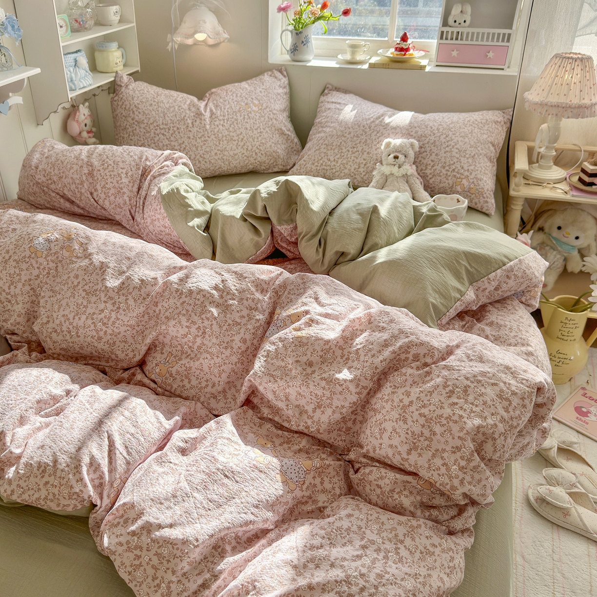 91家纺网 家纺一手货源 找家纺 罗亿家纺 2026新款小清新云感双层纱木棉四件套系列（小红书热款推荐） 花与兔