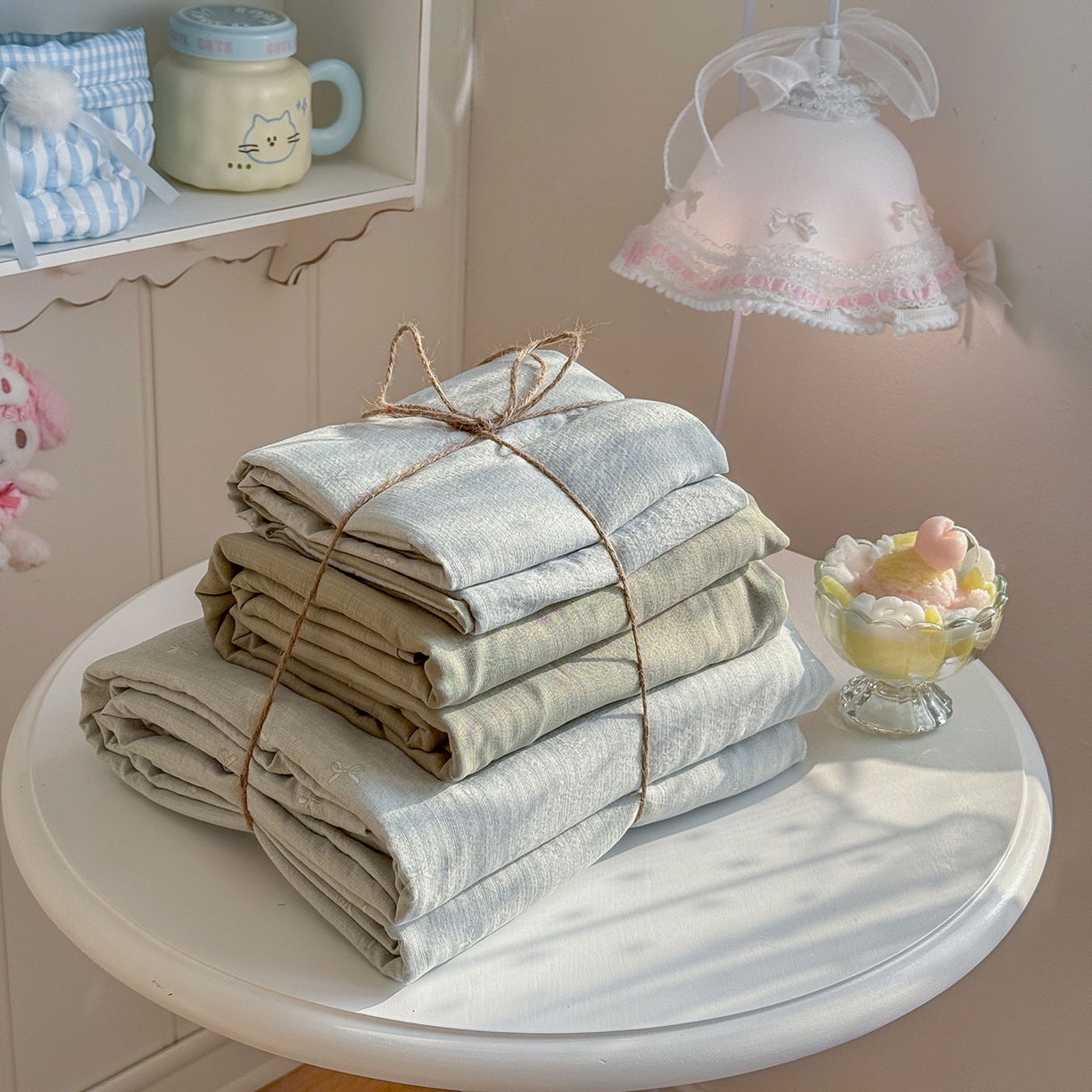 91家纺网 家纺一手货源 找家纺 罗亿家纺 2026新款小清新云感双层纱木棉四件套系列（小红书热款推荐） 简夏