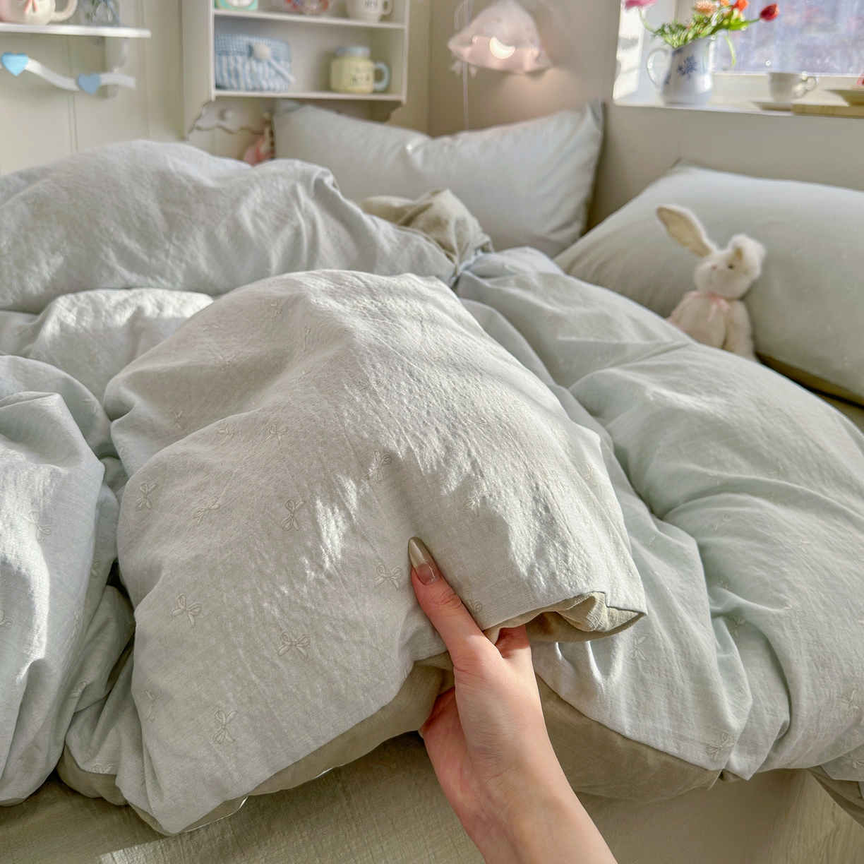 91家纺网 家纺一手货源 找家纺 罗亿家纺 2026新款小清新云感双层纱木棉四件套系列（小红书热款推荐） 简夏