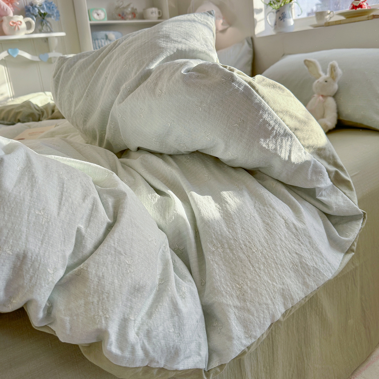 91家纺网 家纺一手货源 找家纺 罗亿家纺 2026新款小清新云感双层纱木棉四件套系列（小红书热款推荐） 简夏