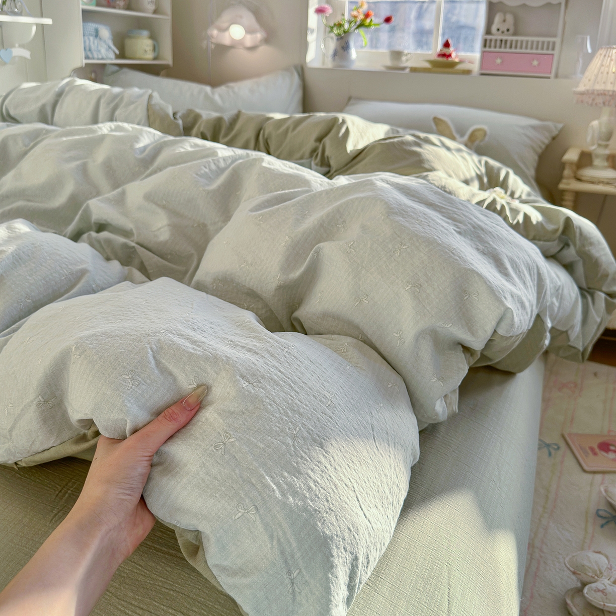 91家纺网 家纺一手货源 找家纺 罗亿家纺 2026新款小清新云感双层纱木棉四件套系列（小红书热款推荐） 简夏