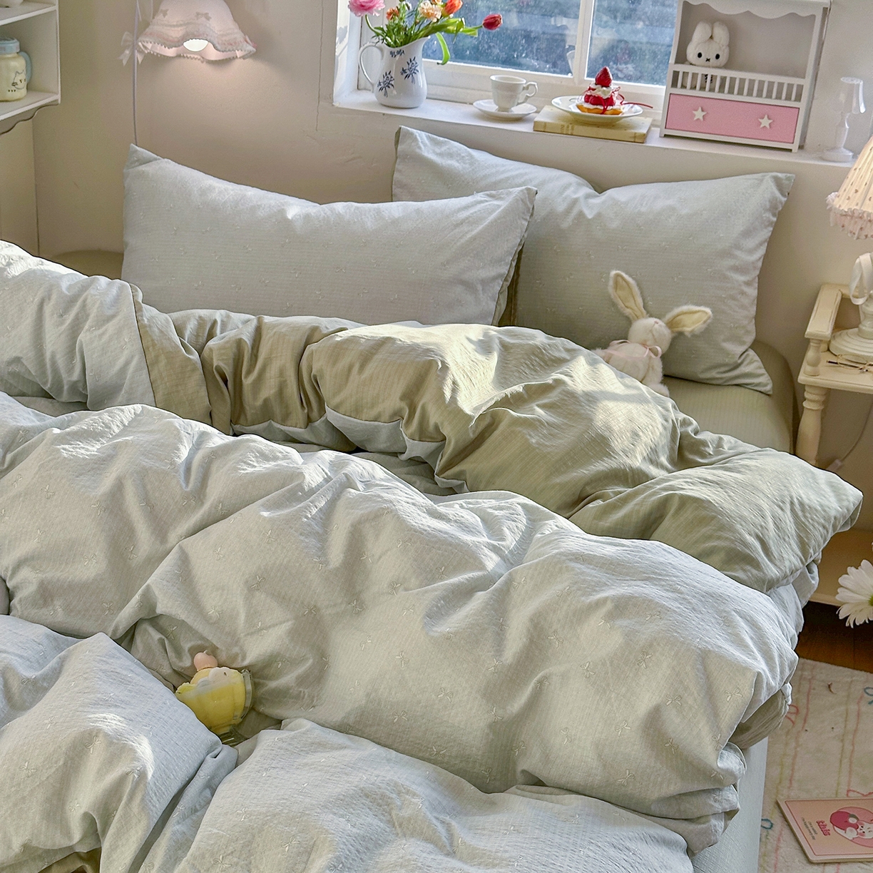 91家纺网 家纺一手货源 找家纺 罗亿家纺 2026新款小清新云感双层纱木棉四件套系列（小红书热款推荐） 简夏