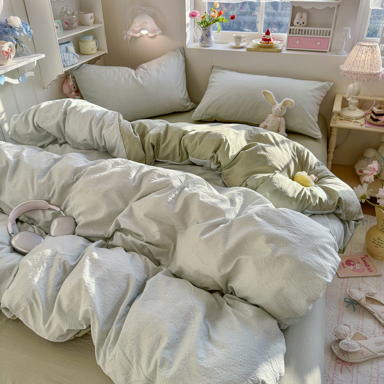 91家纺网 家纺一手货源 找家纺 罗亿家纺 2026新款小清新云感双层纱木棉四件套系列（小红书热款推荐） 简夏