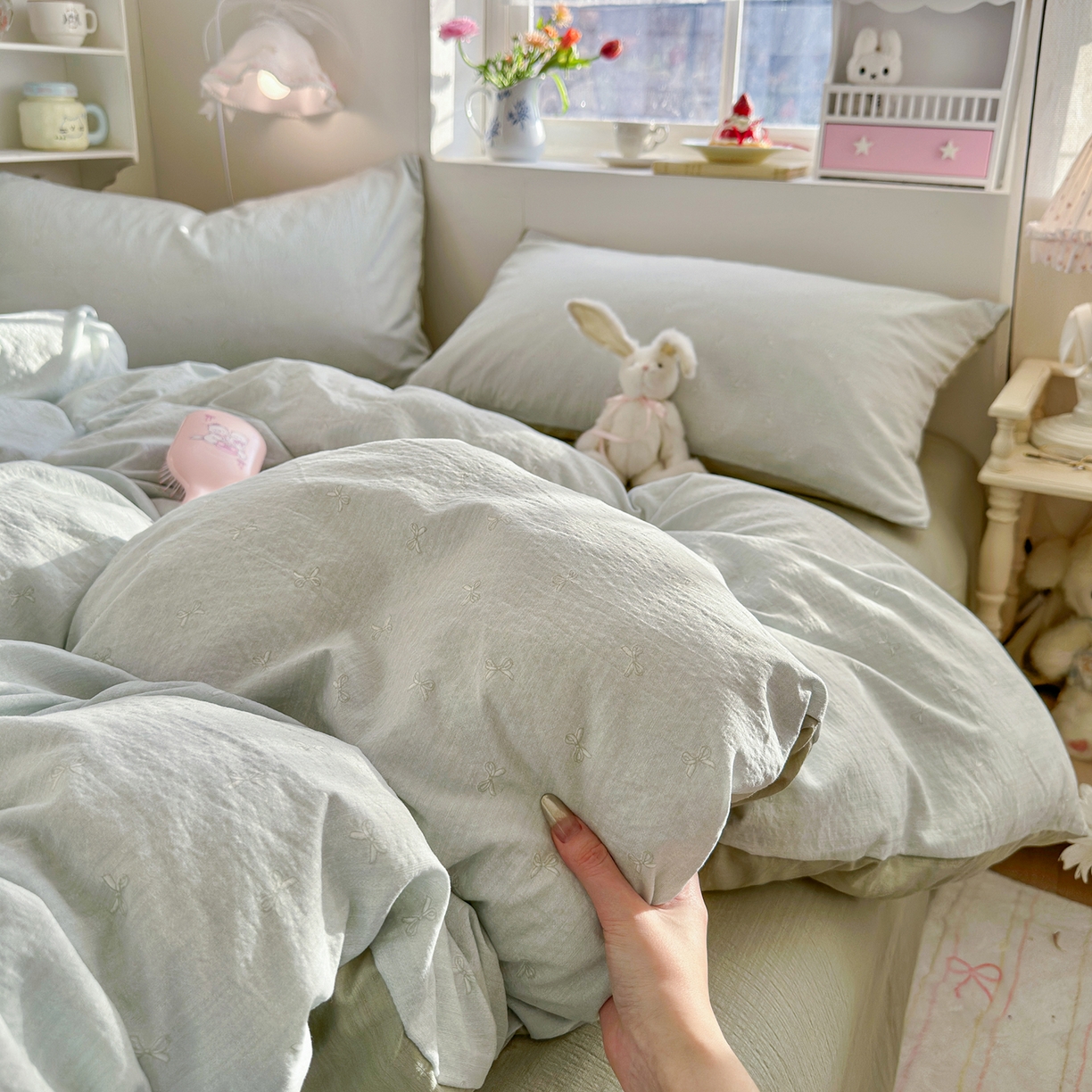 91家纺网 家纺一手货源 找家纺 罗亿家纺 2026新款小清新云感双层纱木棉四件套系列（小红书热款推荐） 简夏