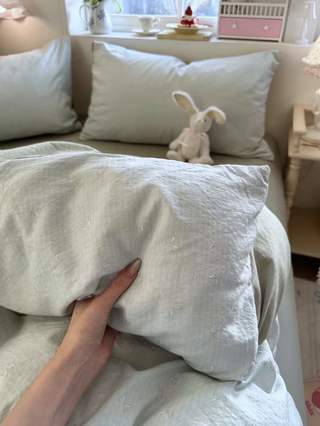 91家纺网 家纺一手货源 找家纺 罗亿家纺 2026新款小清新云感双层纱木棉四件套系列（小红书热款推荐） 简夏