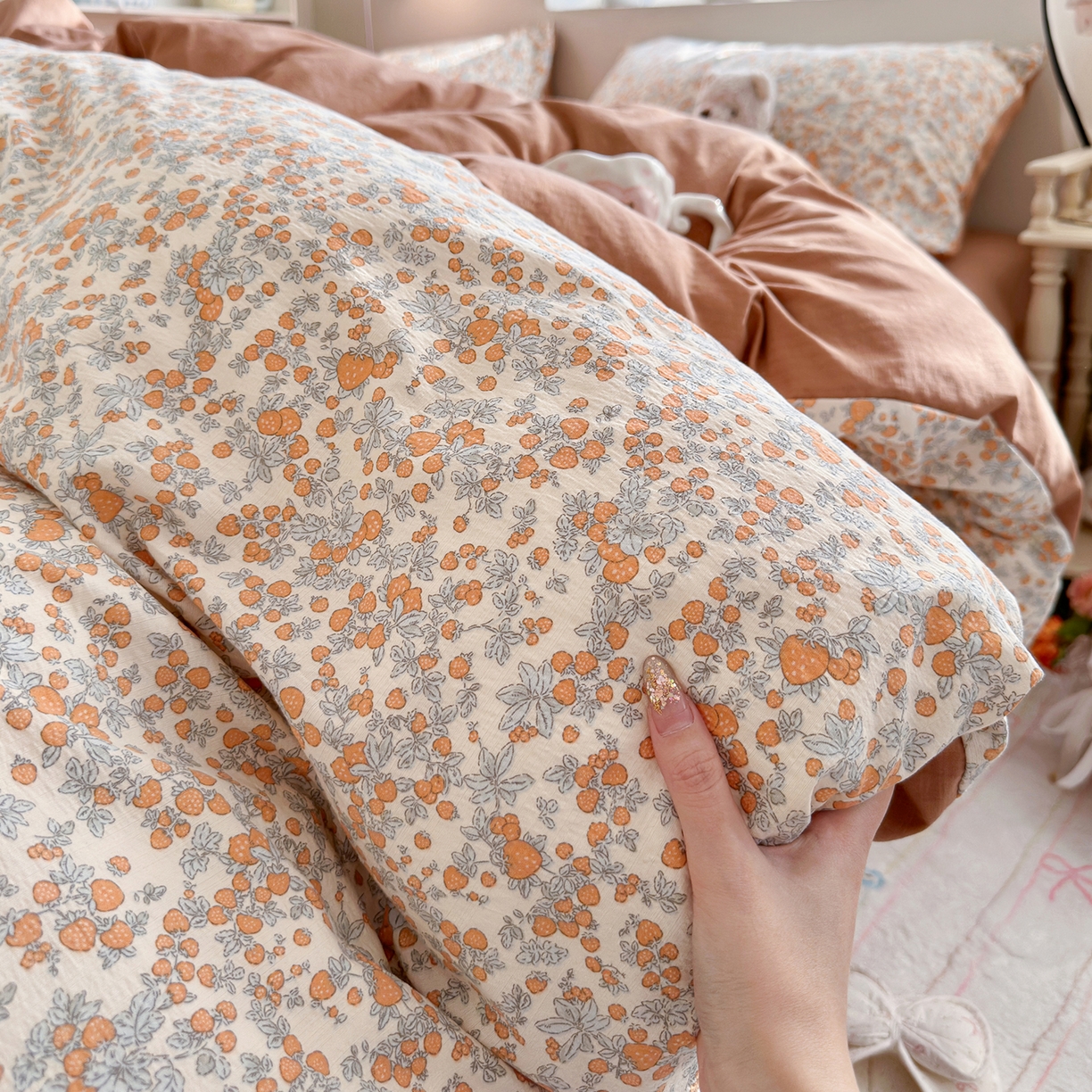 91家纺网 家纺一手货源 找家纺 罗亿家纺 2026新款小清新云感双层纱木棉四件套系列（小红书热款推荐） 橘园
