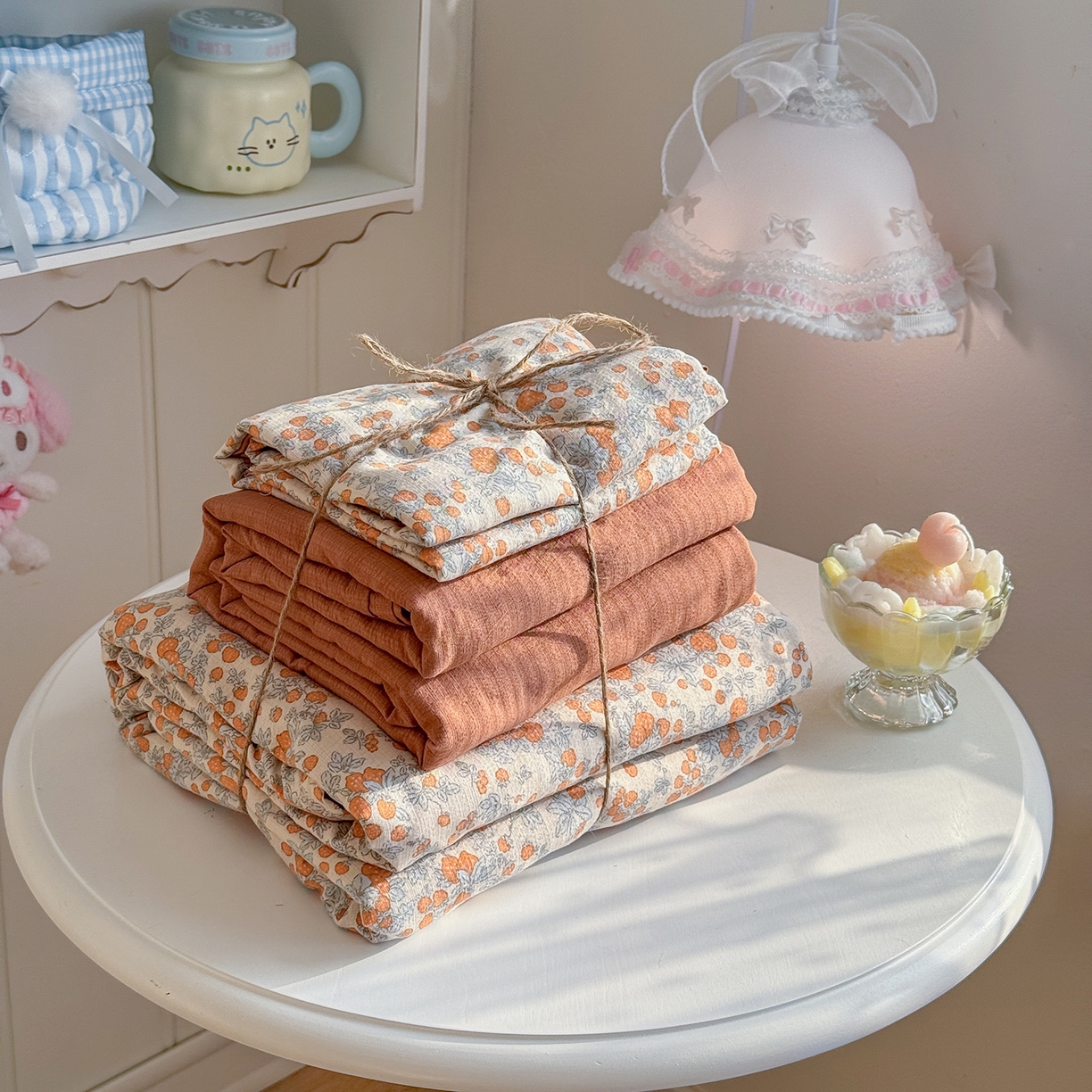 91家纺网 家纺一手货源 找家纺 罗亿家纺 2026新款小清新云感双层纱木棉四件套系列（小红书热款推荐） 橘园