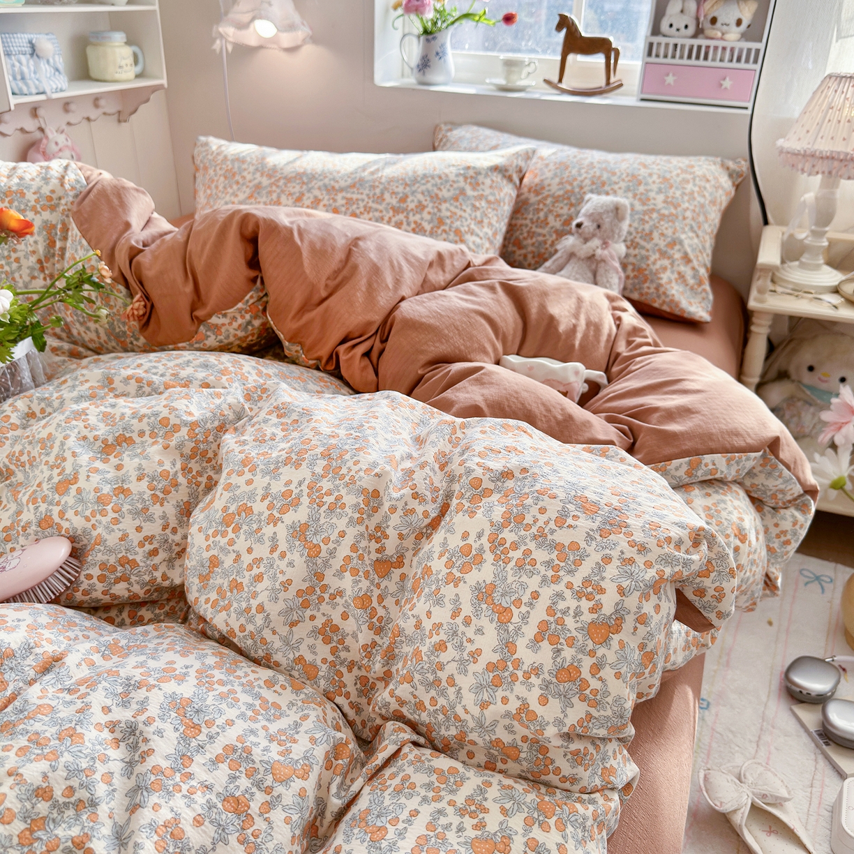 91家纺网 家纺一手货源 找家纺 罗亿家纺 2026新款小清新云感双层纱木棉四件套系列（小红书热款推荐） 橘园