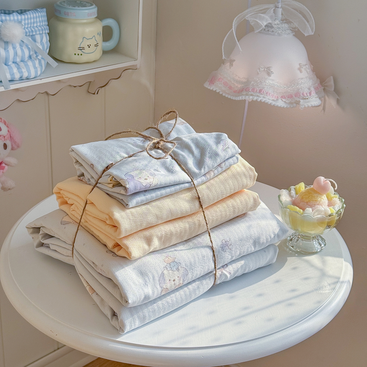 91家纺网 家纺一手货源 找家纺 罗亿家纺 2026新款小清新云感双层纱木棉四件套系列（小红书热款推荐） 蓝蓝小奶狗