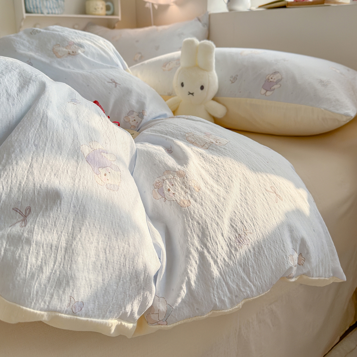 91家纺网 家纺一手货源 找家纺 罗亿家纺 2026新款小清新云感双层纱木棉四件套系列（小红书热款推荐） 蓝蓝小奶狗