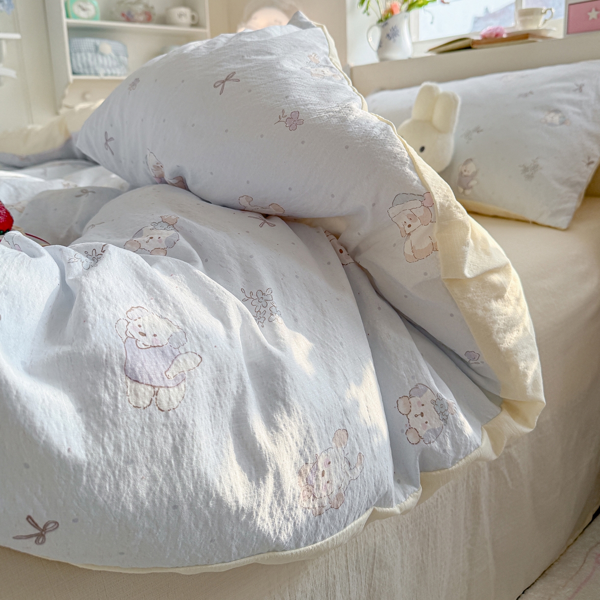 91家纺网 家纺一手货源 找家纺 罗亿家纺 2026新款小清新云感双层纱木棉四件套系列（小红书热款推荐） 蓝蓝小奶狗