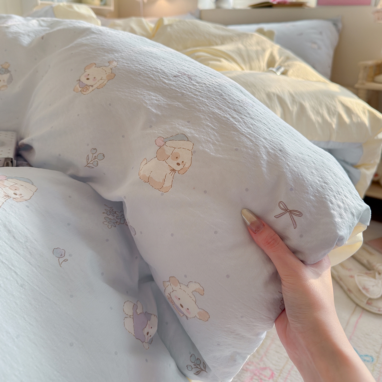 91家纺网 家纺一手货源 找家纺 罗亿家纺 2026新款小清新云感双层纱木棉四件套系列（小红书热款推荐） 蓝蓝小奶狗