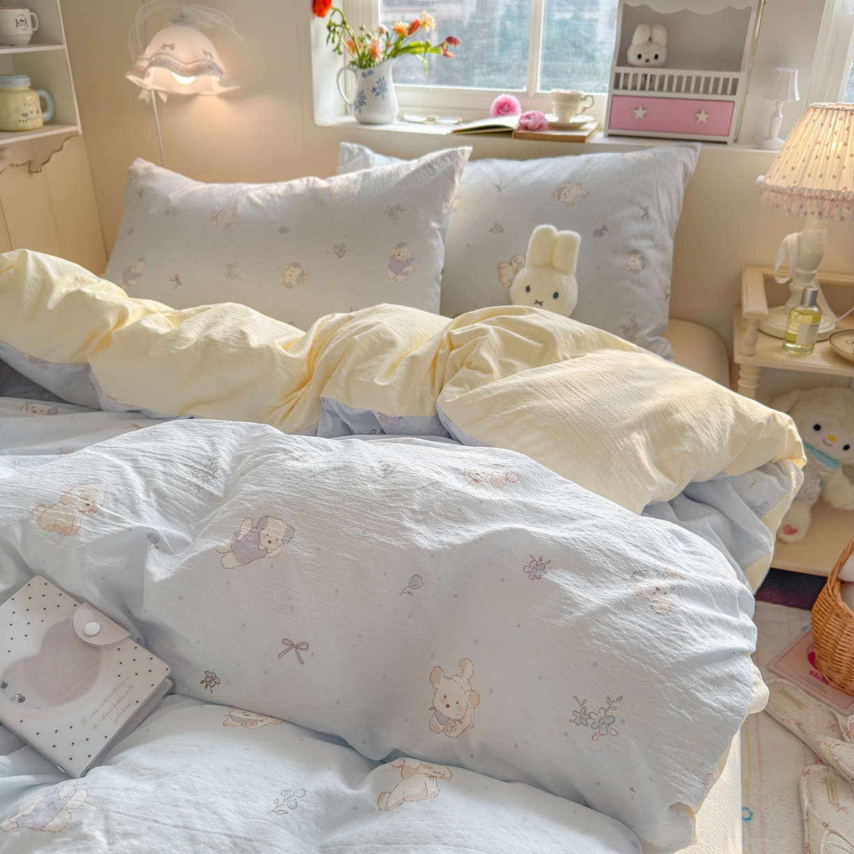 91家纺网 家纺一手货源 找家纺 罗亿家纺 2026新款小清新云感双层纱木棉四件套系列（小红书热款推荐） 蓝蓝小奶狗