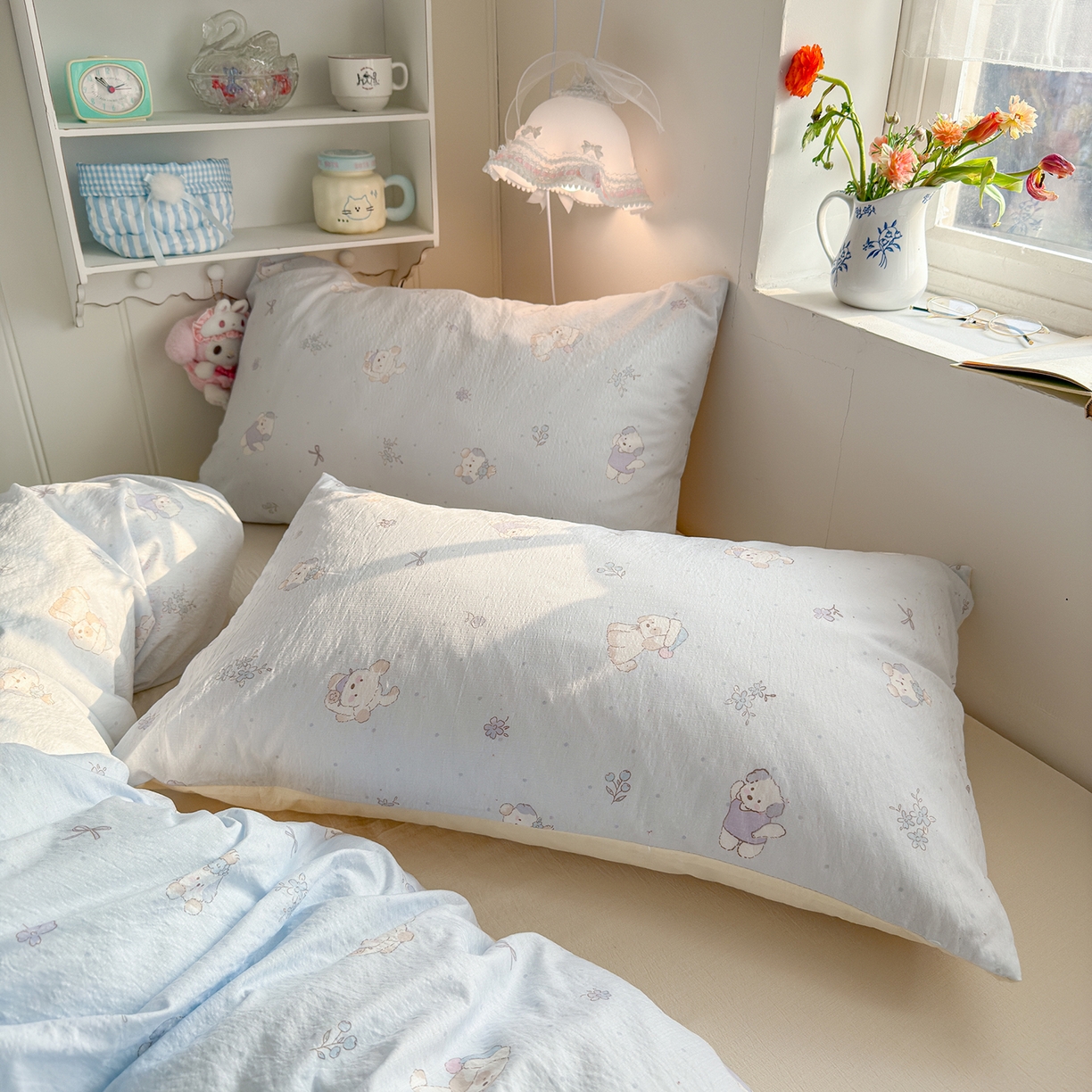 91家纺网 家纺一手货源 找家纺 罗亿家纺 2026新款小清新云感双层纱木棉四件套系列（小红书热款推荐） 蓝蓝小奶狗