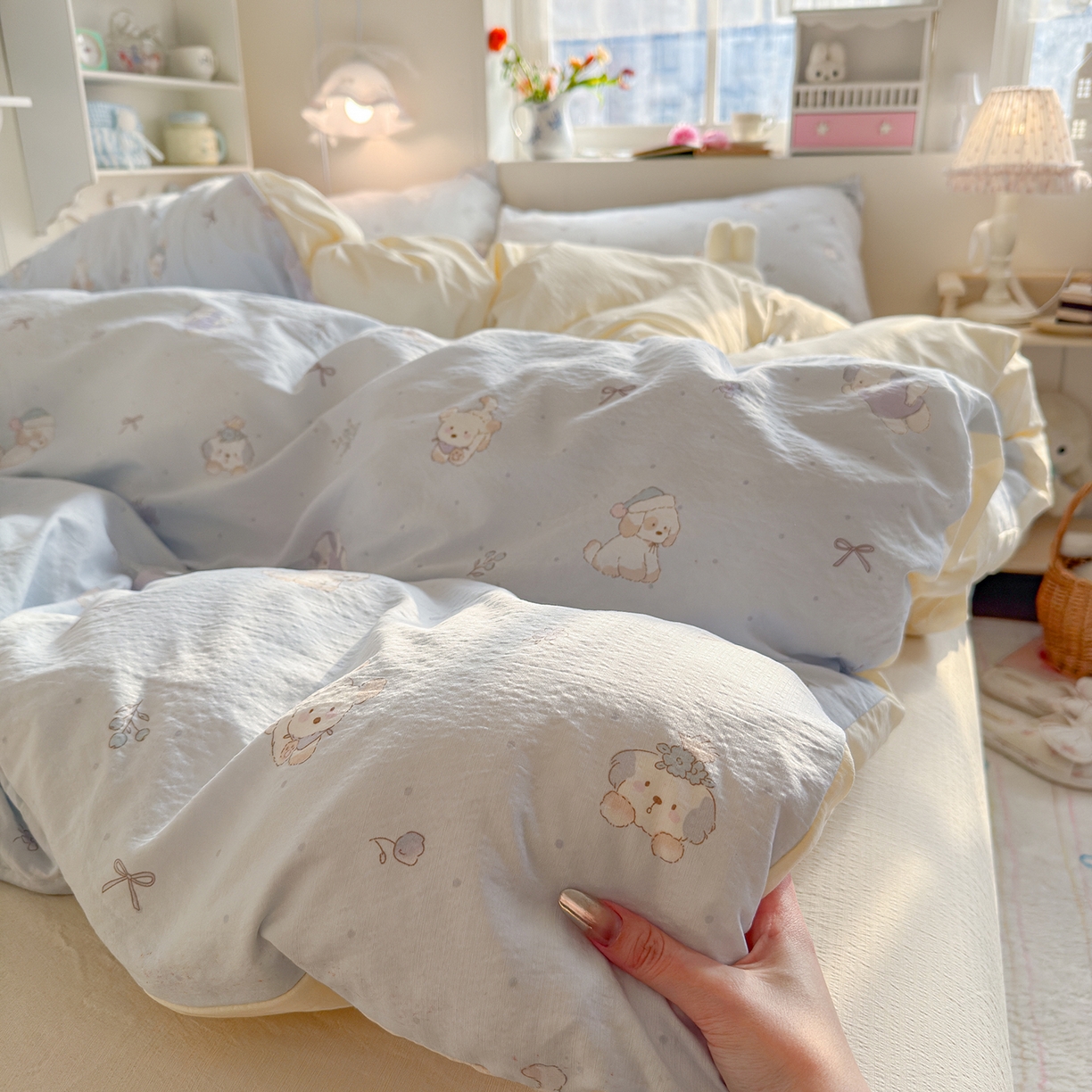 91家纺网 家纺一手货源 找家纺 罗亿家纺 2026新款小清新云感双层纱木棉四件套系列（小红书热款推荐） 蓝蓝小奶狗