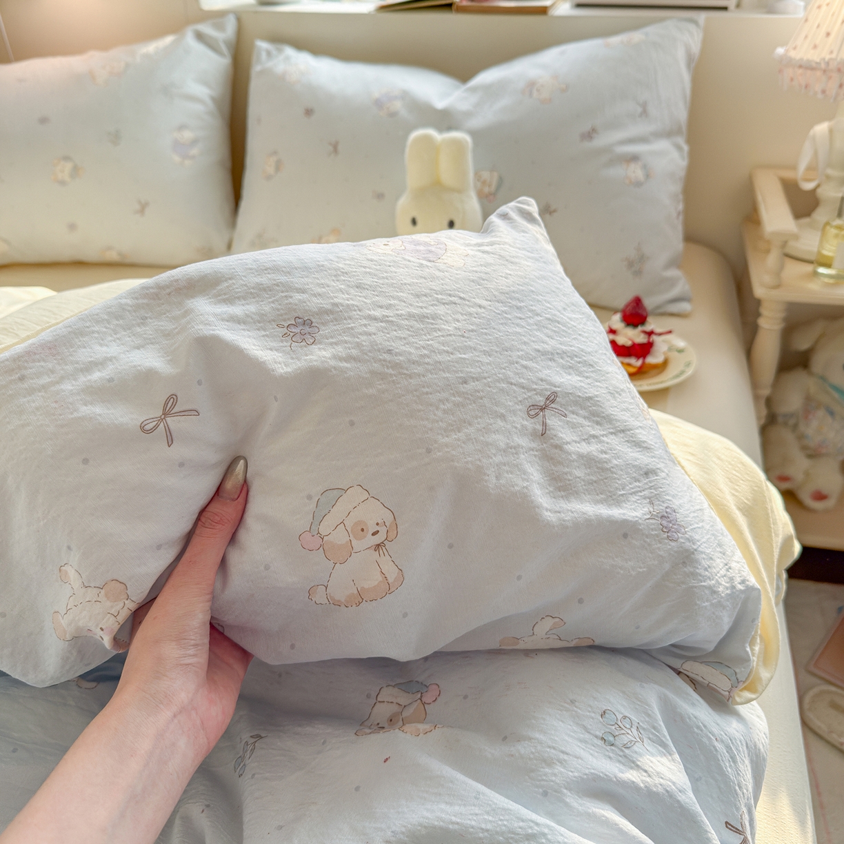 91家纺网 家纺一手货源 找家纺 罗亿家纺 2026新款小清新云感双层纱木棉四件套系列（小红书热款推荐） 蓝蓝小奶狗