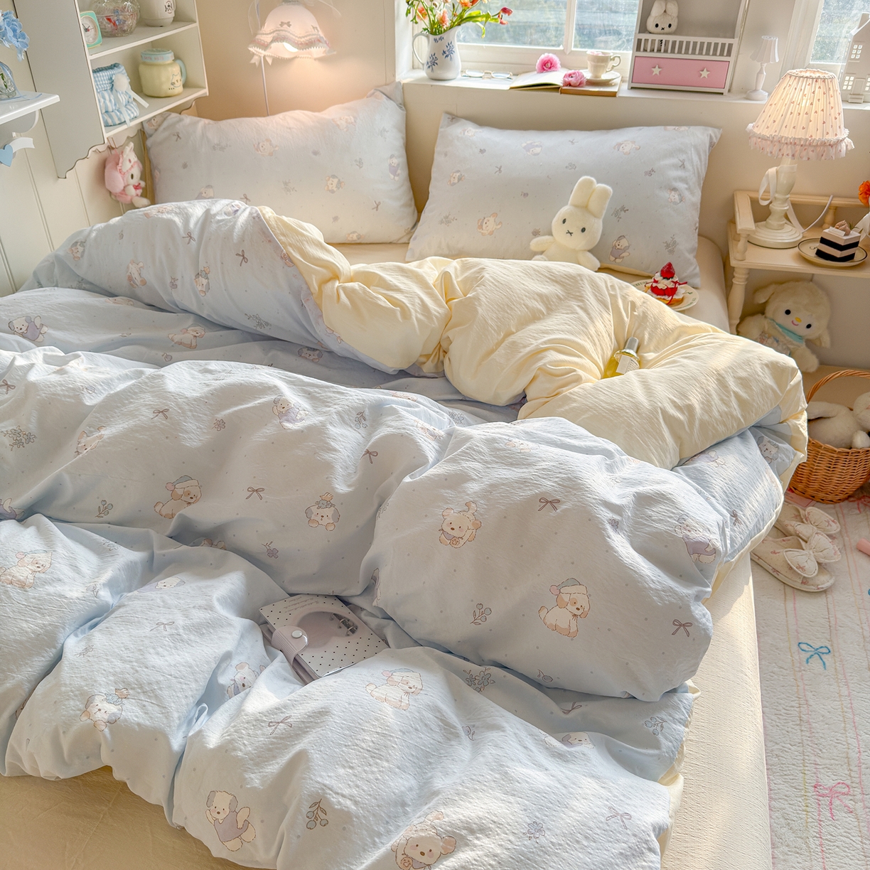 91家纺网 家纺一手货源 找家纺 罗亿家纺 2026新款小清新云感双层纱木棉四件套系列（小红书热款推荐） 蓝蓝小奶狗