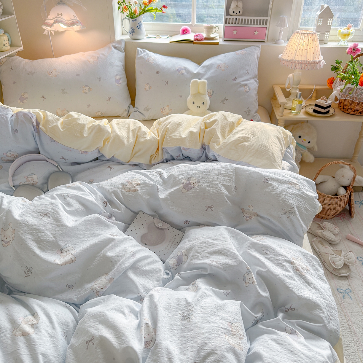 91家纺网 家纺一手货源 找家纺 罗亿家纺 2026新款小清新云感双层纱木棉四件套系列（小红书热款推荐） 蓝蓝小奶狗