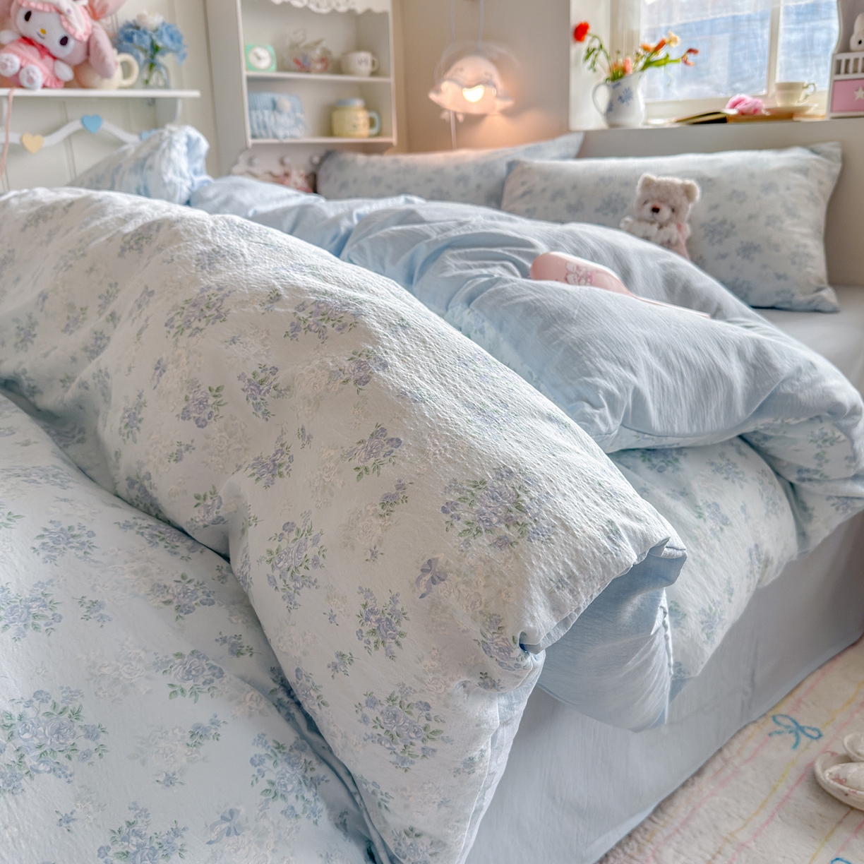 罗亿家纺 2026新款小清新云感双层纱木棉四件套系列（小红书热款推荐） 蓝萱